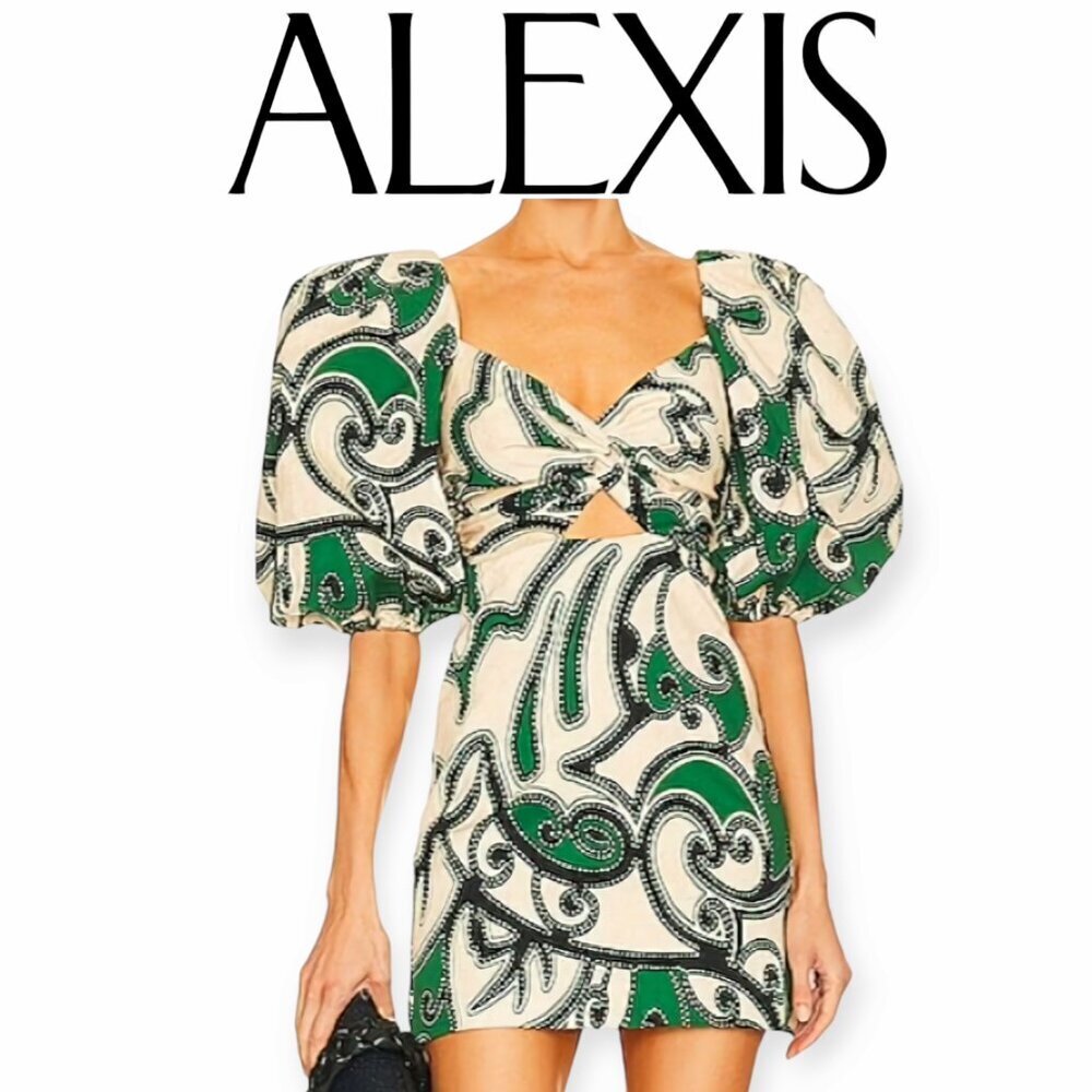 Revolve Alexis Iana Printed Puff Sleeve Dress Dress in Maldive Green size S NWT